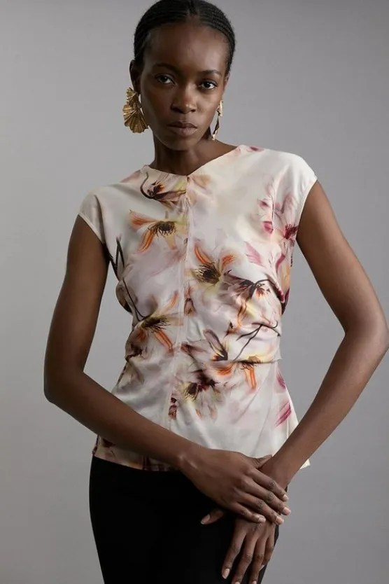 Karen Millen Abstract Floral Satin Crepe Woven Gathered Detail Top pink New