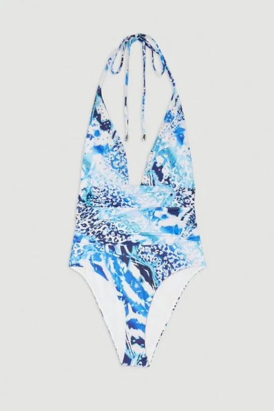 Karen Millen Abstract Print Embellished Trim Tie Detail Swimsuit multi Outlet