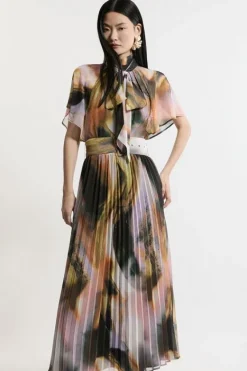 Karen Millen Abstract Pussy Bow Tie Georgette Belted Woven Midi Dress multi Sale