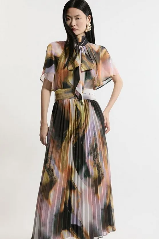 Karen Millen Abstract Pussy Bow Tie Georgette Belted Woven Midi Dress multi Sale