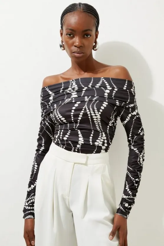 Karen Millen Abstract Spot Jersey Crepe Off The Shoulder Bodysuit mono Clearance