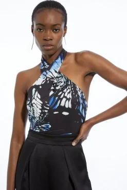 Karen Millen Abstract Swirl Printed Jersey Crepe Cross Neck Bodysuit navy Clearance