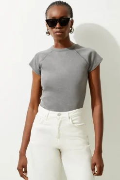 Karen Millen Acid Wash Compact Jersey Rib Cap Sleeve Tee charcoal Fashion