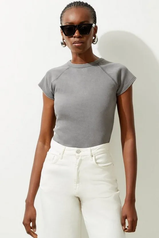 Karen Millen Acid Wash Compact Jersey Rib Cap Sleeve Tee charcoal Fashion