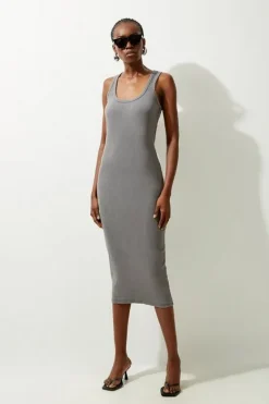 Karen Millen Acid Wash Compact Jersey Rib Racer Midi Dress charcoal Hot