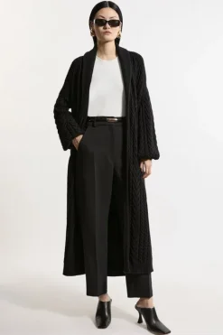 Karen Millen All Over Cable Knit Shawl Collar Longline Belted Coatigan black Fashion