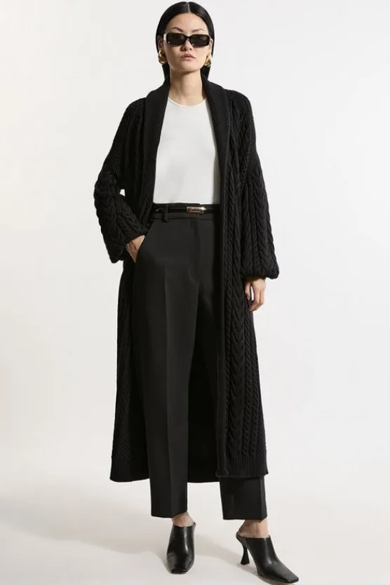 Karen Millen All Over Cable Knit Shawl Collar Longline Belted Coatigan black Fashion