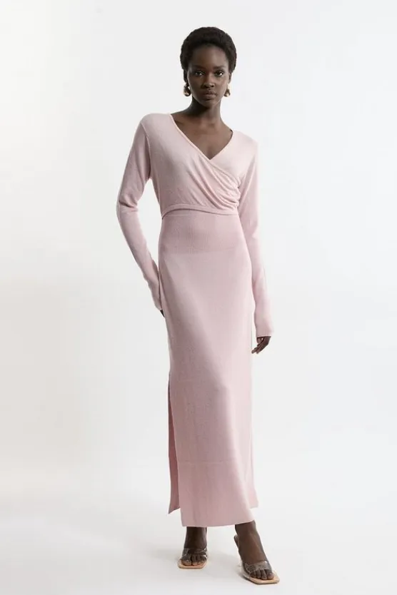 Karen Millen Alpaca Wool Ballet Wrap Midi Knit Dress mauve Fashion