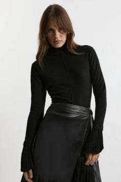 Karen Millen Alpaca Wool Blend Pleated Silk Woven Cuff Knit Top black Clearance