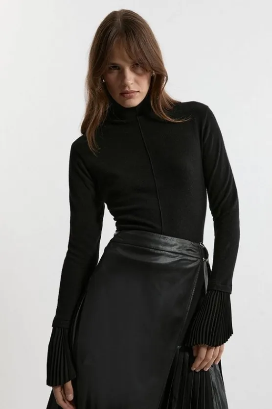 Karen Millen Alpaca Wool Blend Pleated Silk Woven Cuff Knit Top black Clearance