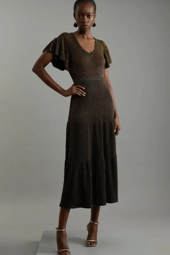 Karen Millen Angel Sleeve Sparkle Knit Full Skirted Midaxi Dress black Clearance