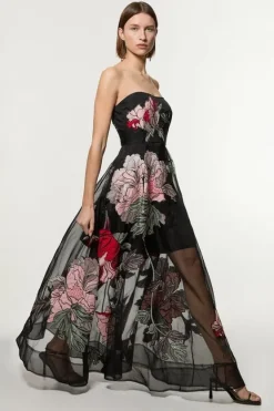 Karen Millen Applique And Embroidered Organdie Woven Midaxi Bandeau Dress With Beading floral Discount