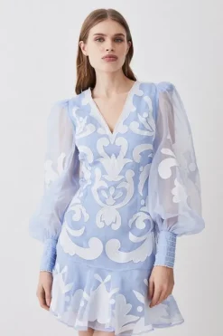 Karen Millen Applique Organdie Buttoned Woven Mini Dress blue Discount