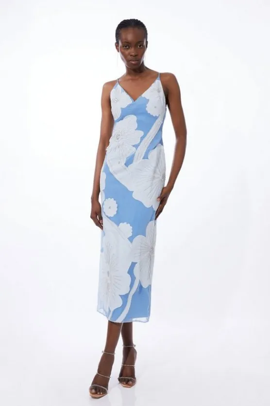 Karen Millen Applique Organdie Satin Woven Midi Dress dustyblue Discount