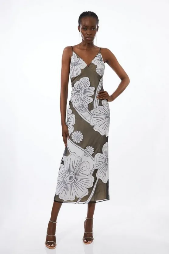 Karen Millen Applique Organdie Woven Midi Dress mono New