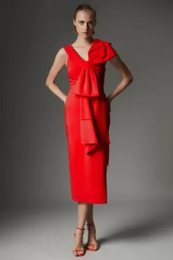 Karen Millen Archive Collection - Bow Detail Off The Shoulder Crepe Woven Midi Dress red Sale