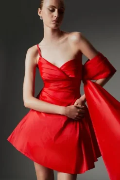 Karen Millen Archive Collection - Petite Taffeta Draped Shoulder Mini Dress red Hot