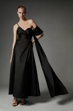 Karen Millen Archive Collection - Petite Taffeta Draped Shoulder Midi Prom Dress black Hot