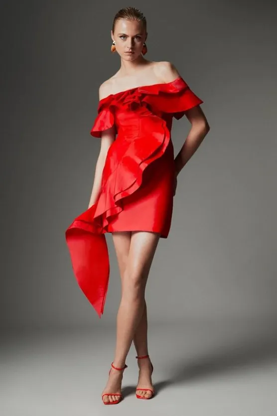 Karen Millen Archive Collection - Petite Taffeta Ruffle Woven Mini Dress red Outlet