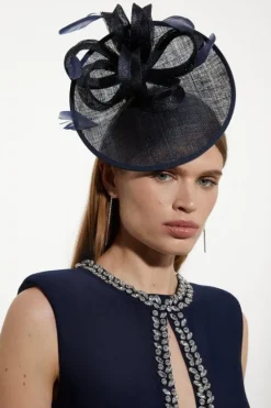 Karen Millen Asymmetric Disk Fascinator With Bow And Feather Detail navy Clearance