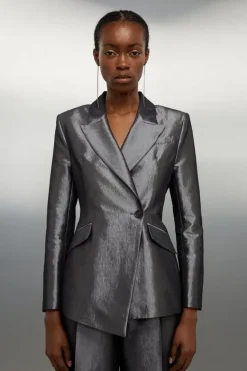 Karen Millen Asymmetric Metallic Tailored Blazer silver Hot
