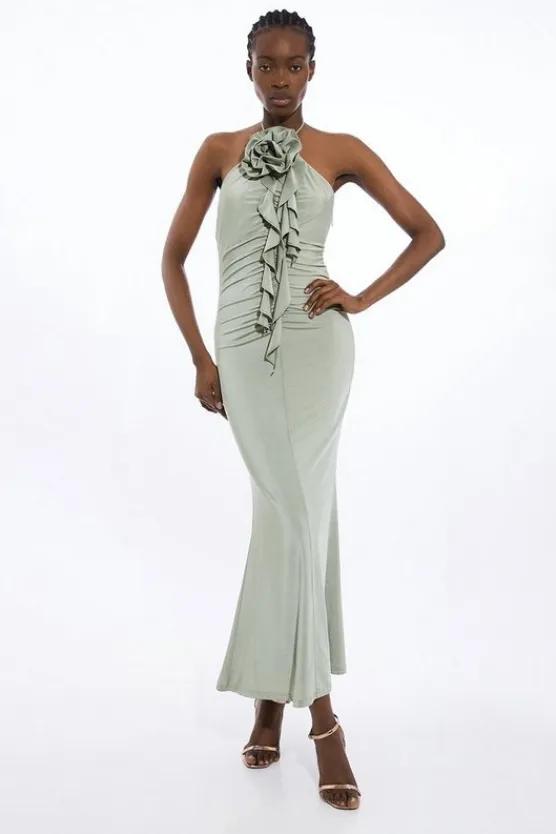 Karen Millen Backless Tie Rosette Slinky Jersey Maxi Dress sage Fashion