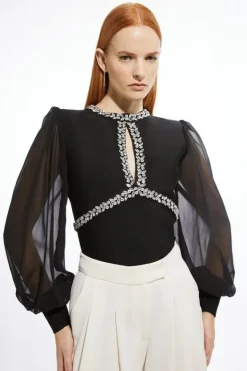 Karen Millen Bandage Embellished And Chiffon Sleeve Figure Form Knit Top black Online