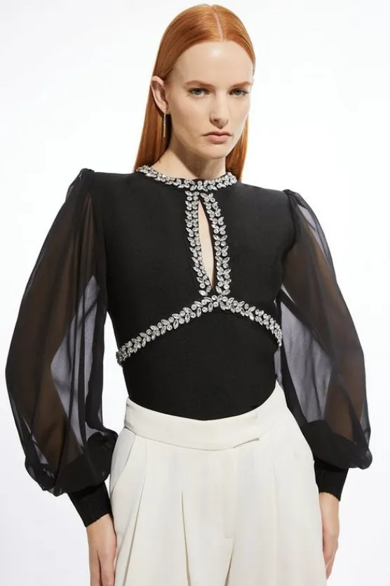 Karen Millen Bandage Embellished And Chiffon Sleeve Figure Form Knit Top black Online