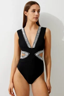Karen Millen Bandage Embellished Trim Cut Out Swimsuit black New