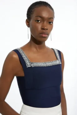 Karen Millen Bandage Figure Form Knit Embellished Square Neck Top navy Outlet