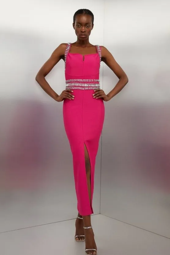 Karen Millen Bandage Figure Form Knit Embellished Maxi Dress fuchsia Sale
