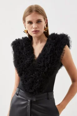 Karen Millen Bandage Figure Form Knit Tulle Detail Bodysuit black Discount