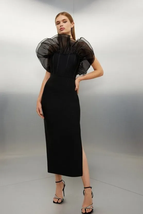 Karen Millen Bandage Figure Form Organza Frill Knit Midaxi Dress black Discount