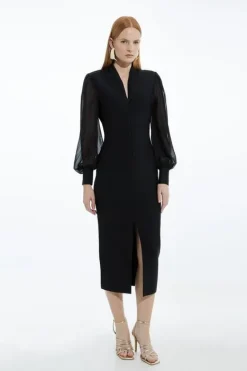 Karen Millen Bandage Figure Form Zip Detail Chiffon Sleeve Knit Dress black Clearance