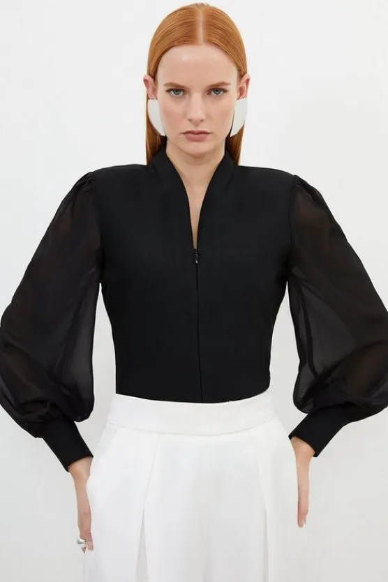 Karen Millen Bandage Figure Form Zip Detail Chiffon Sleeve Knit Top black Sale