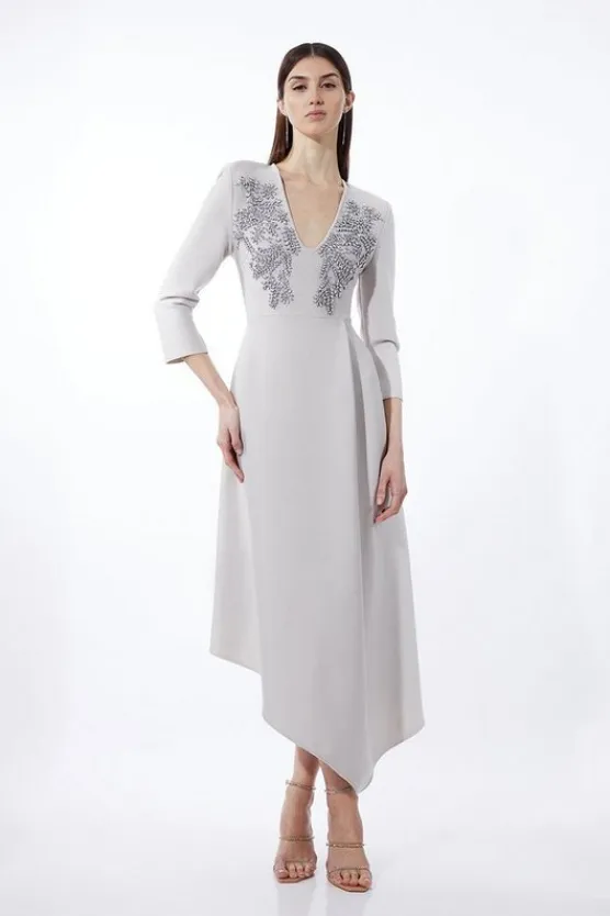 Karen Millen Bandage Form Fitting Asymmetric Embellished Knit Dress grey Hot