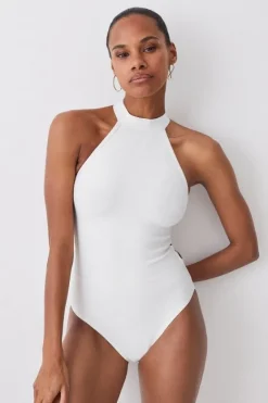 Karen Millen Bandage Halter Neck Strappy Back Swimsuit ivory Clearance