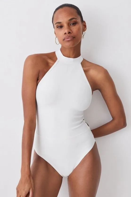 Karen Millen Bandage Halter Neck Strappy Back Swimsuit ivory Clearance