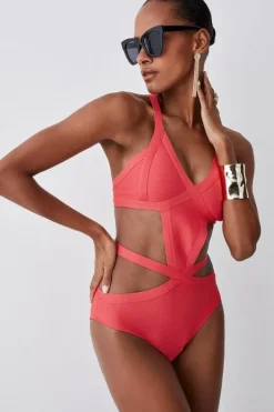 Karen Millen Bandage Strappy Cross Front Swimsuit coral New
