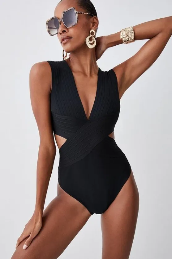 Karen Millen Bandage Textured V Neck Swimsuit black Clearance