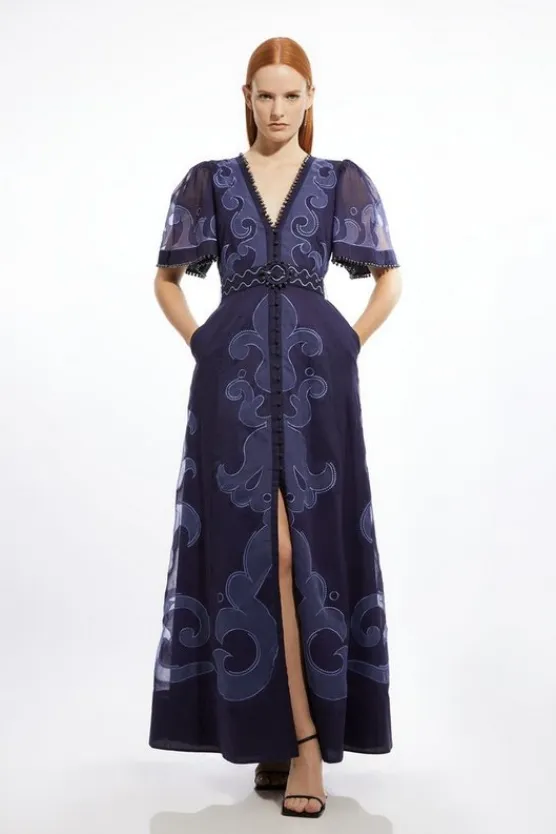 Karen Millen Baroque Applique Organdie Woven Maxi Dress navy Fashion