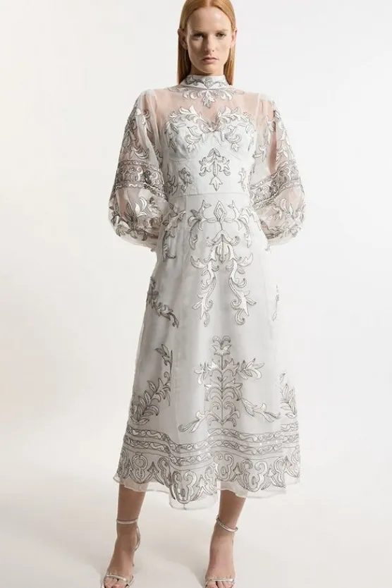 Karen Millen Baroque Organdie Applique Buttoned Woven Maxi Dress silver New