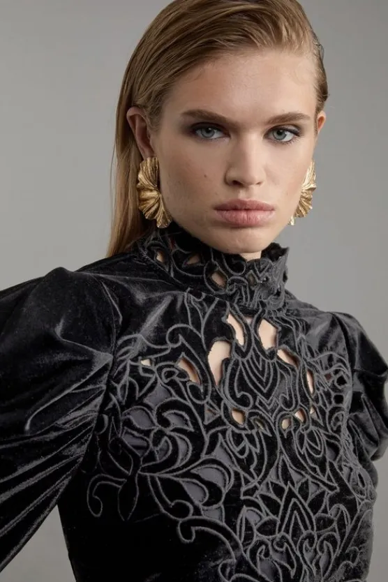 Karen Millen Barouque Placed Velvert Cutwork Puff Sleeve Woven Mini Dress black Outlet