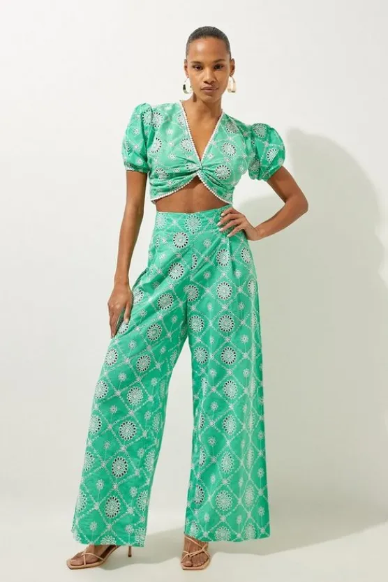Karen Millen Beach Cotton Eyelet Pants And Top Two-Piece Set green Sale