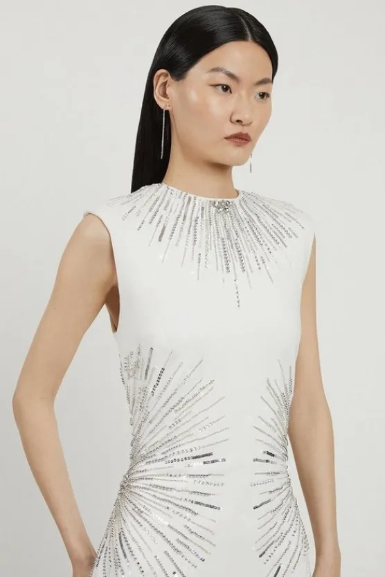 Karen Millen Beaded And Embellished Ponte Jersey Sleeveless Midi Dress ivory New