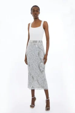 Karen Millen Beaded And Embellished Woven Pencil Skirt silver Best