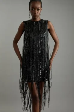 Karen Millen Beaded Fringed Sleeveless Woven Midi Dress black Best