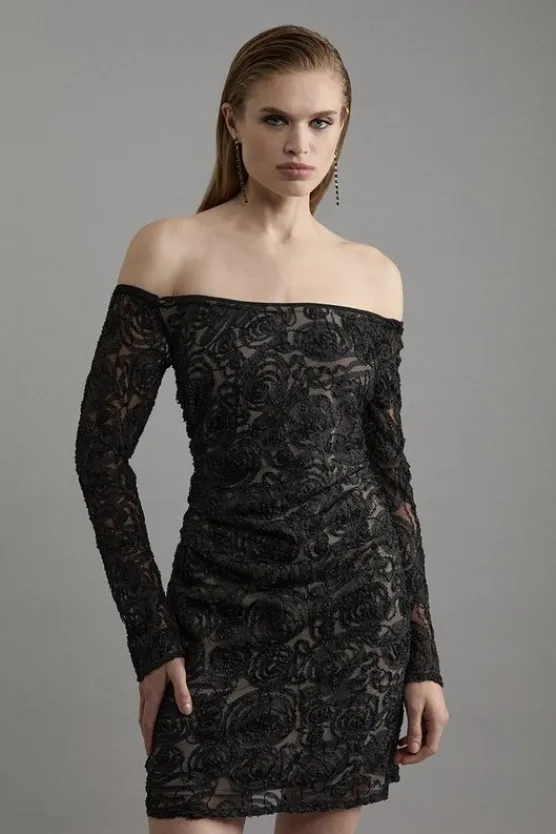 Karen Millen Beaded Textured Lace Woven Mini Dress black Sale