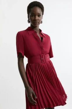 Karen Millen Belted Georgette Pleat Woven Mini Dress wine Sale