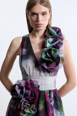Karen Millen Blurred Organdie Rosette Detail Midaxi Dress floral Hot